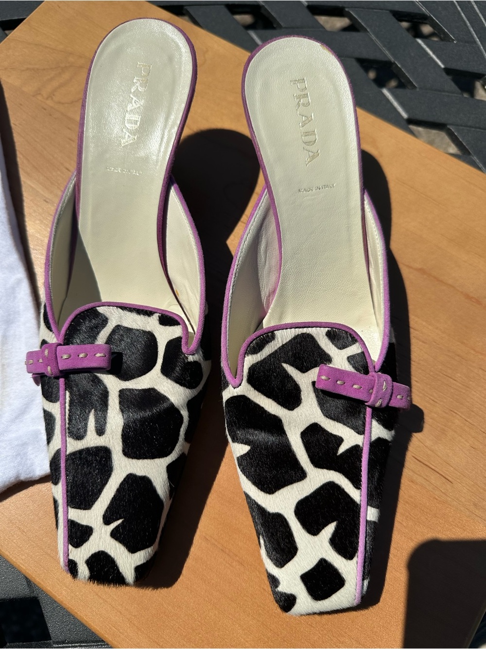 Prada Black & White Giraffe-Print Mules with Purple Trim